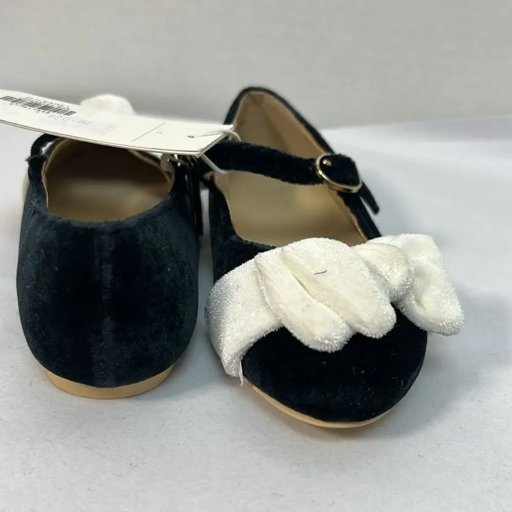 Janie and Jack 100048102 Velvet Bow Ballet Flat Black White Mary Jane NWT